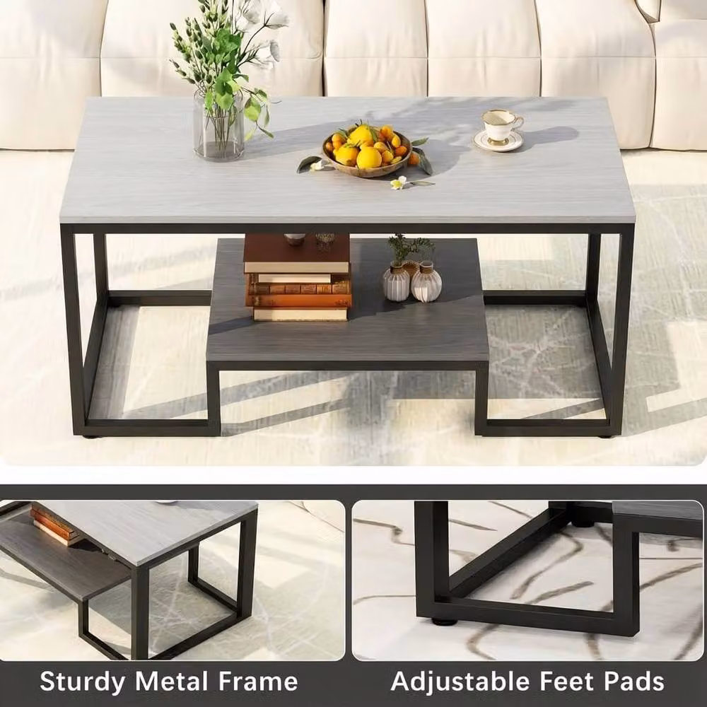 Alivio 2-Tier Modern Rectangular Industrial Style Coffee Table in Grey Metal – 3