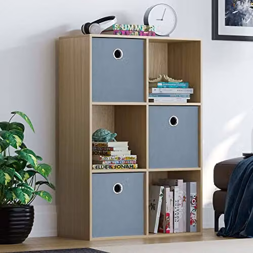 Vida Designs Durham 6 Cube Storage Organiser with 3 Grey Baskets in Oak – 1