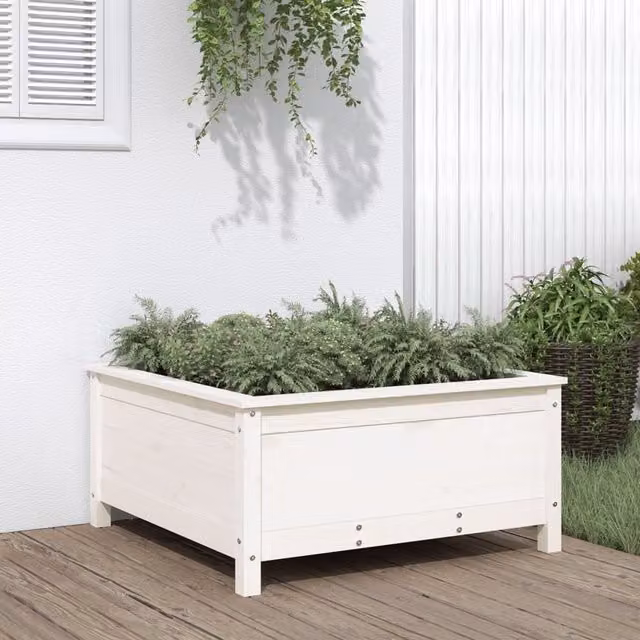 Berkfield Home White Solid Pine Garden Planter Tub W/D/H: 82.5 x 82.5 x 39 cm