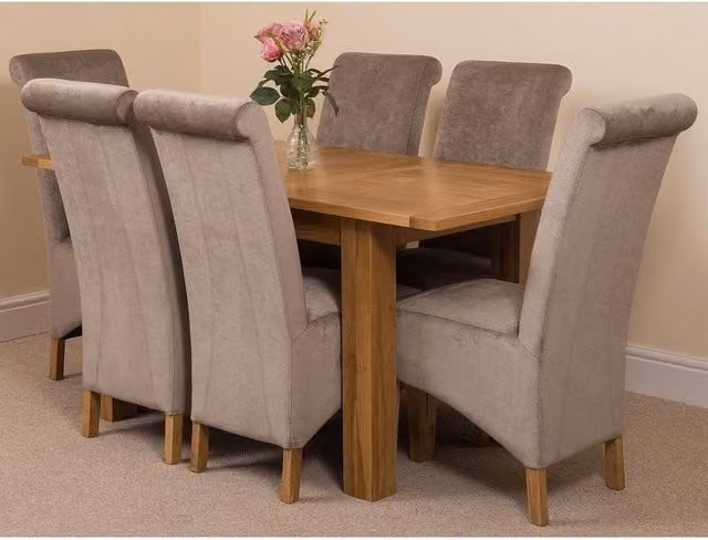 Thats Furniture Hampton Oak Extending Rectangular Dining Table and 6 Montana Fabric Chairs in Grey and Beige