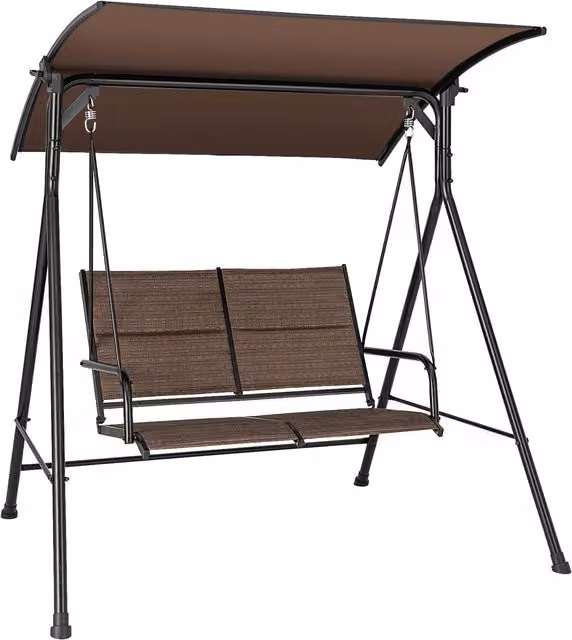 Costway 2 Seat Outdoor Porch Swing with Sun Canopy and Cushions in Brown