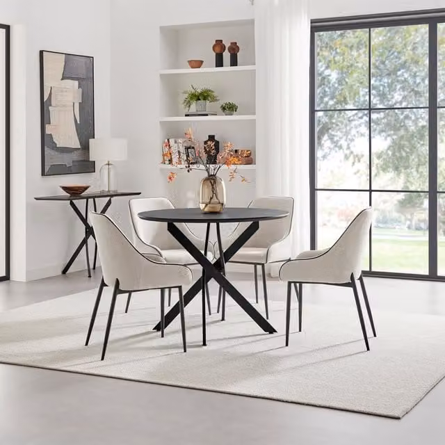 FurnitureboxUK Novara Round Dining Table with 4 Beaumont Chairs, Black Top and Cream Upholstery, Diameter: 100 cm