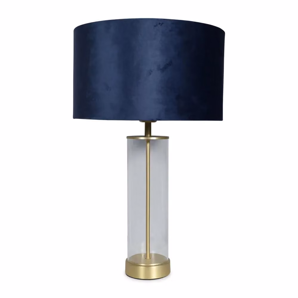 ValueLights Balan Glass and Matt Gold Table Lamp with Navy Blue Velvet Drum Shade – 1