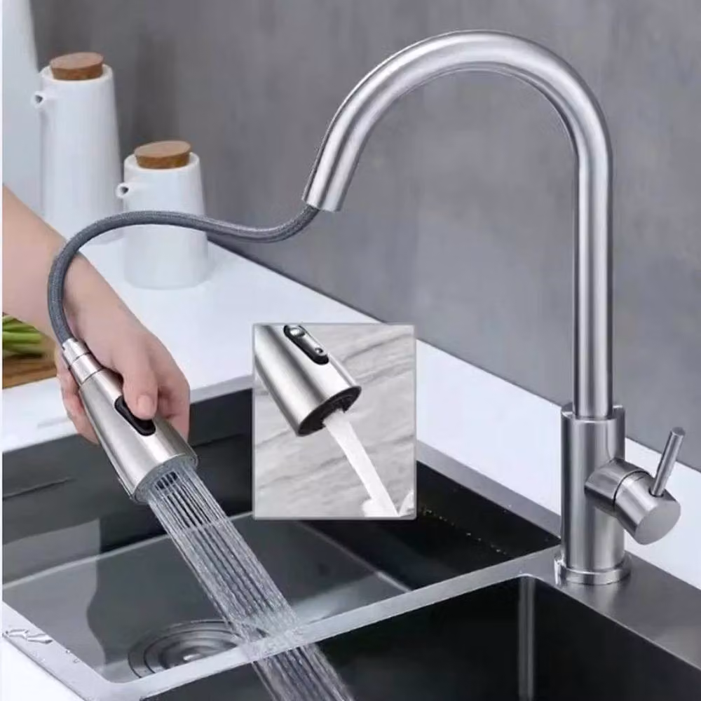 EONLION Silver Kitchen Sink Mixer Tap with Pull Out Spout and Spray Function in Brushed Steel – 2