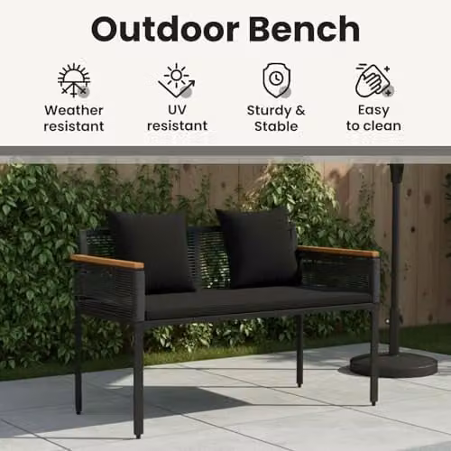vidaXL 2-Seater Outdoor Bench in Black Poly Rattan with Armrests, W: 117 cm, D: 54 cm, H: 74.5 cm – 4