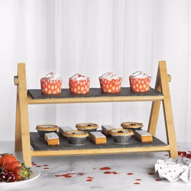 Maison & White 2 Tier Rectangular Slate and Bamboo Cake Stand in Grey and Black