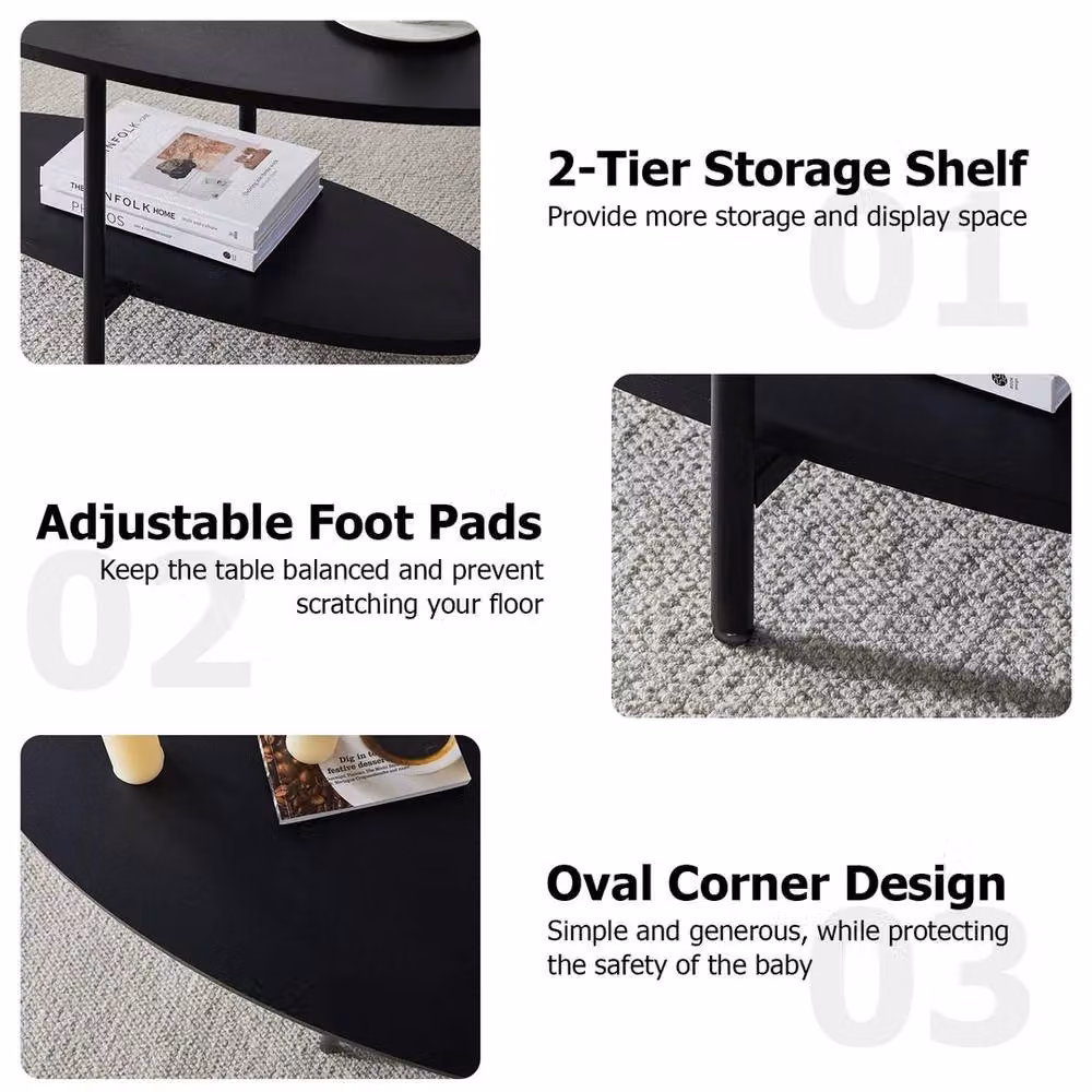 FORGEVIO Black Oval 2 Tier Wood Coffee Table with Adjustable Foot Pads – 3
