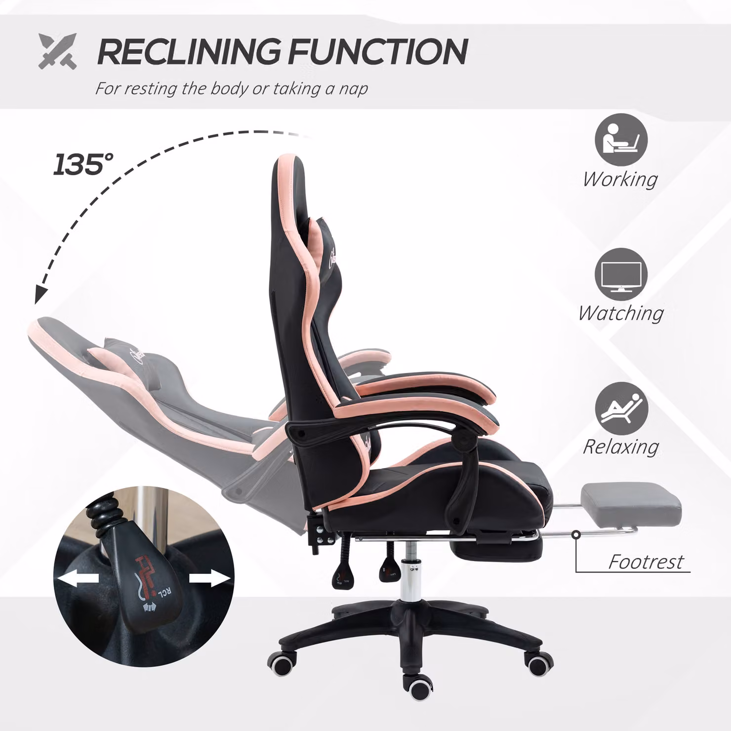 Vinsetto Gaming Chair in Black, Pink and White with Synthetic Leather, Headrest and Footrest – 5