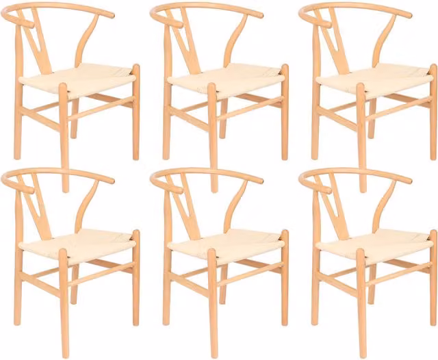 Nicholas Winter Set of 6 Scandinavian Style Beech Wood Dining Chairs with Woven Rope Detail in Natural Brown