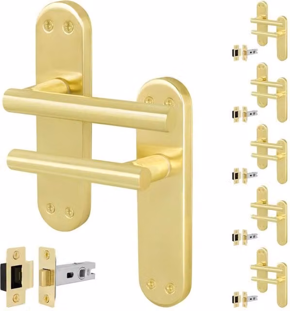 AFIT Satin Brass T-Bar Internal Handles with Latch Backplate, Gold, 6 Pairs, W/H: 150 x 150 mm