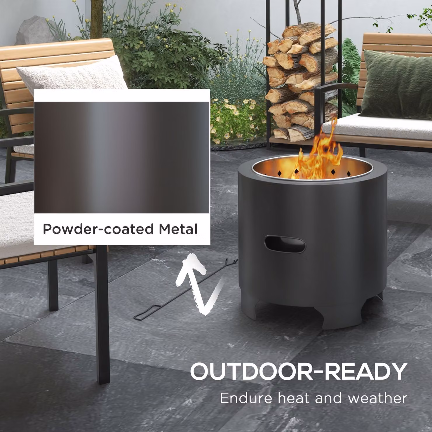Outsunny Smokeless Wood Burning Fire Pit, Black Metal Portable Round Bonfire Stove with Poker, Diameter: 45 cm – 5