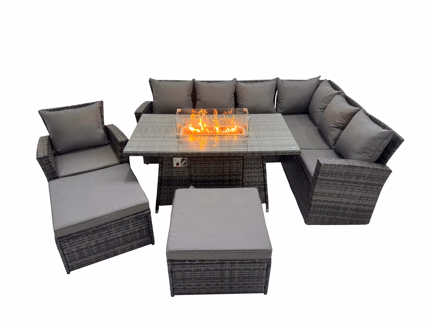 Fimous Rattan Corner Sofa Chair Set with Gas Fire Pit Table and 2 Large Footstools in Dark Grey – 2
