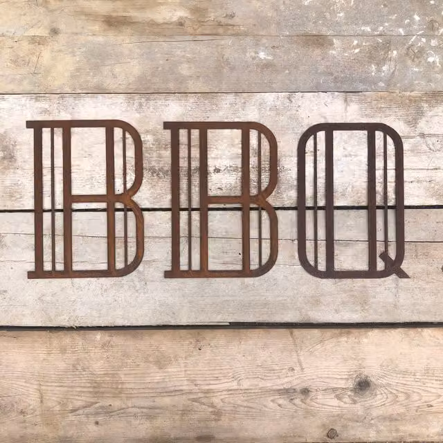 RW Norfolk Rusty Metal BBQ Letters Garden Sign, Brown, W/H: 30.48 x 22.5 cm