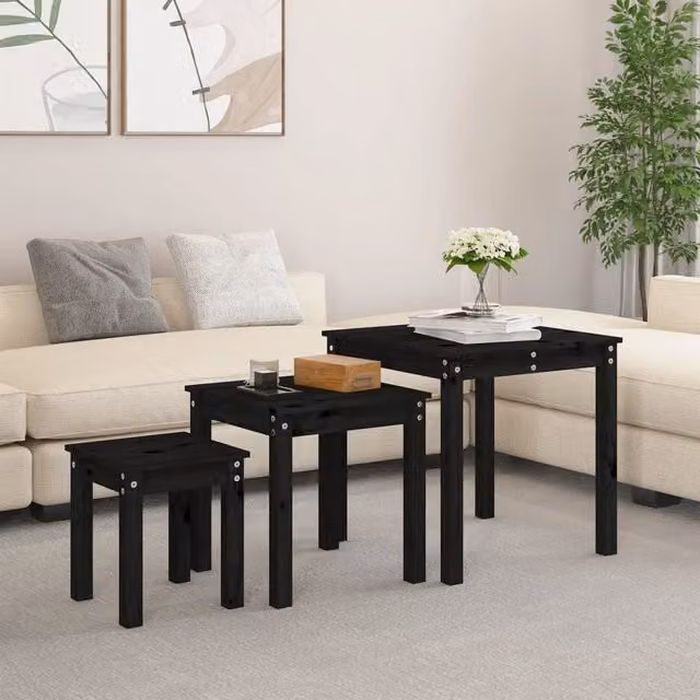 Berkfield Home Nesting Tables, Set of 3, Black Solid Pine Wood – 1