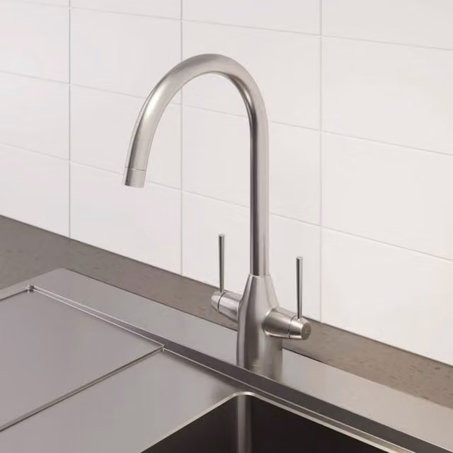 Vevey Brushed Nickel Twin Lever Kitchen Mixer Tap with Swivel Spout