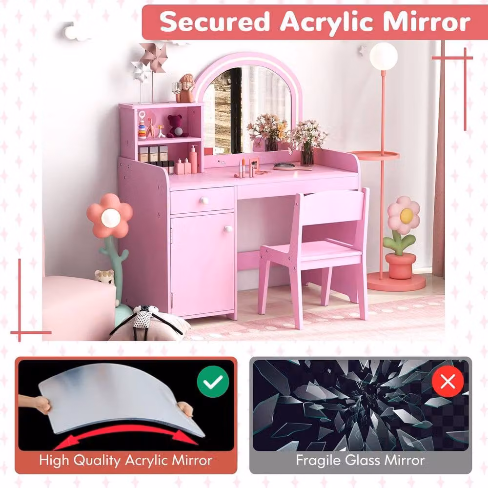 Gymax Pink Vanity Table and Chair Set Makeup Playset with Shelves and LED Light – 3