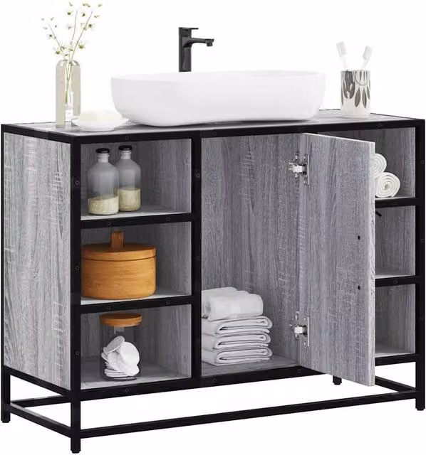 Berkfield Home Grey Sonoma Bathroom Sink Cabinet with Hinged Doors and Open Shelf, W/D/H: 80 x 33 x 60 cm – 1