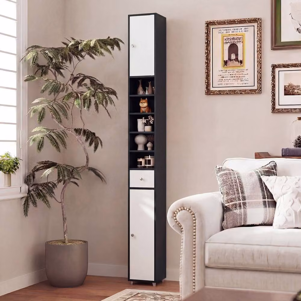 KORVIXA Slim Multicolour Tall Bathroom Storage Cabinet with Hinged Doors and Internal Shelves – 5