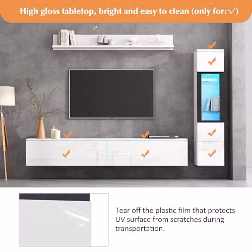 BTM White High Gloss LED TV Stand and Wall Unit Set of 3 with Display Cabinet and Hanging Shelf – 2