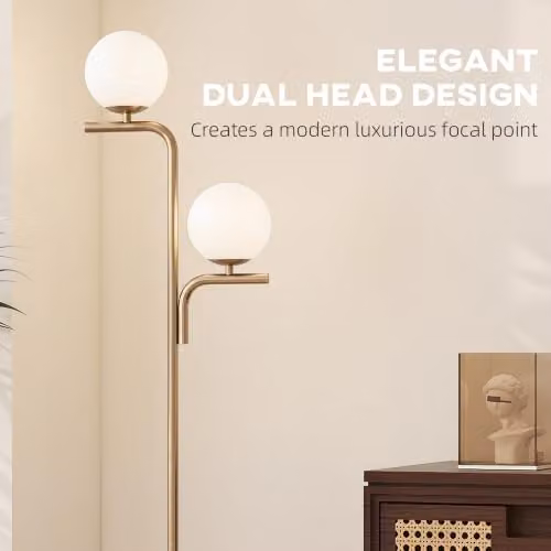 HOMCOM Modern LED Floor Lamp with Glass Sphere Shade and Foot Switch, Gold/Brass and White – 3