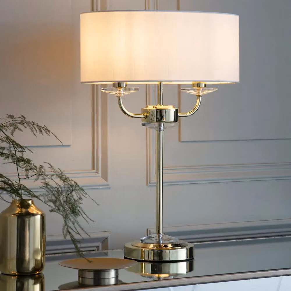 Loops Twin Light Table Lamp with Brass Base and White Crystal Trim Shade – 2