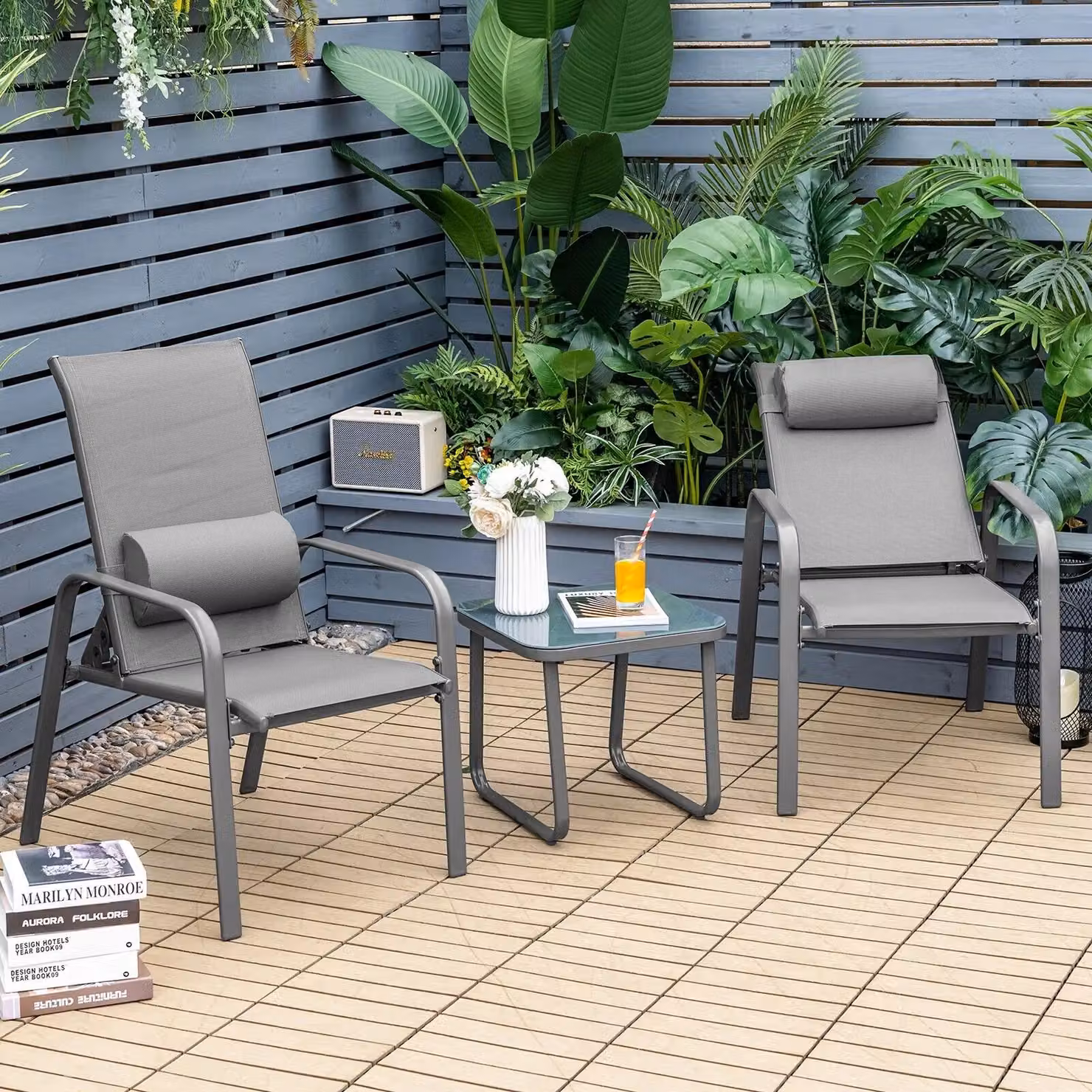 Costway 3-Piece Patio Bistro Furniture Set with Coffee Table and Stackable Chairs in Grey Steel – 3