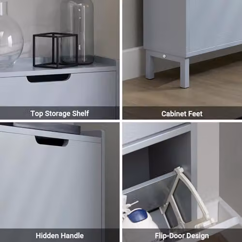 SoBuy Narrow Slim Wooden Shoe Storage Cupboard with 2 Tilting Compartments, Grey and White, W50 x D19.05 x H129 cm – 3