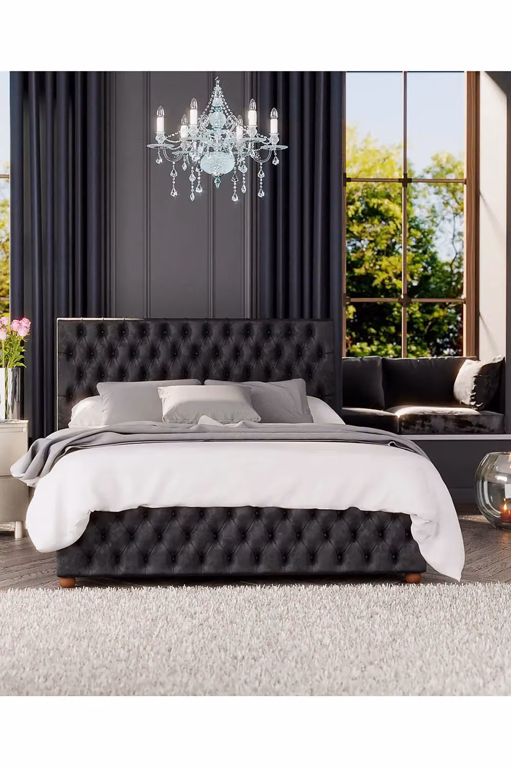 Laurence Llewelyn-Bowen Seren Ottoman Storage Bed in Black Mirazzi Velvet Fabric, Super King, W: 200 cm x D: 200 cm – 4