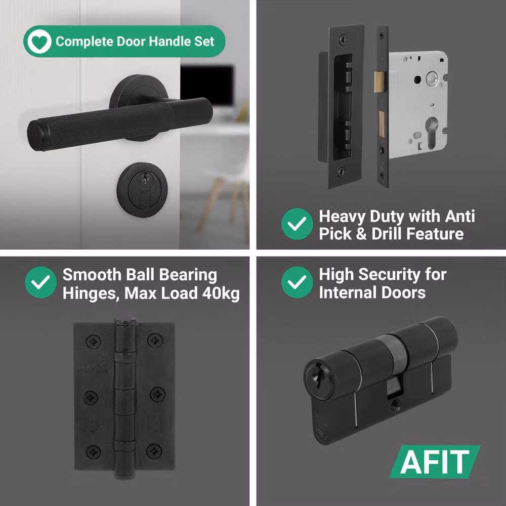 AFIT Matt Black Euro Lock Double Cylinder Door Handle with Hinge Locks, 150 x 150 mm – 7