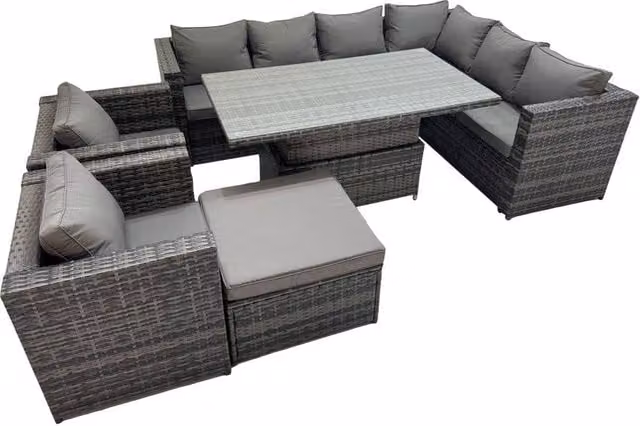 Fimous 9 Seater Rattan Corner Sofa Set with 2 Chairs and Large Stool in Dark Grey