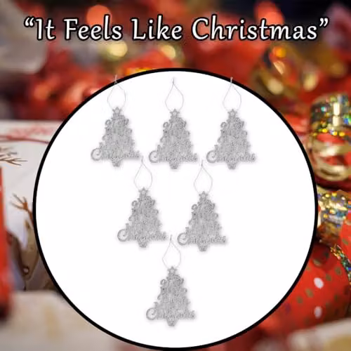 VFM e-Store Set of 6 Silver Hanging Glitter Tree Christmas Ornaments, W/D/H: 19.6 x 10.9 x 1.5 cm – 7