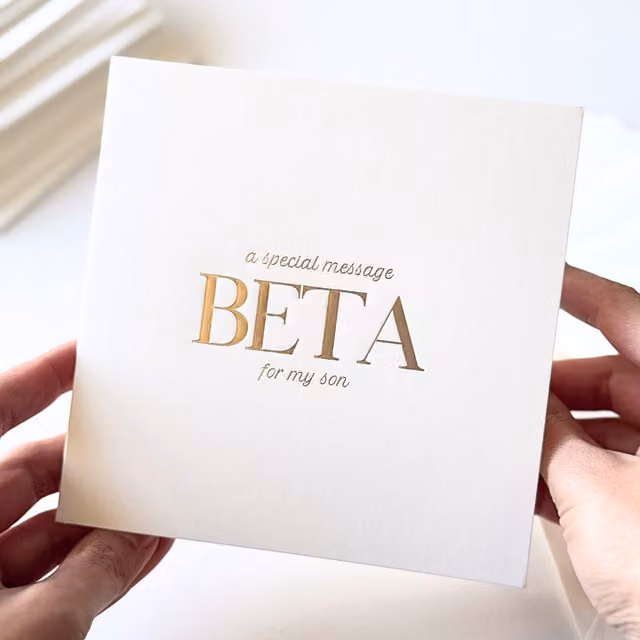 Peacock Supplies Luxury Special Message Card Beta Son in White and Gold