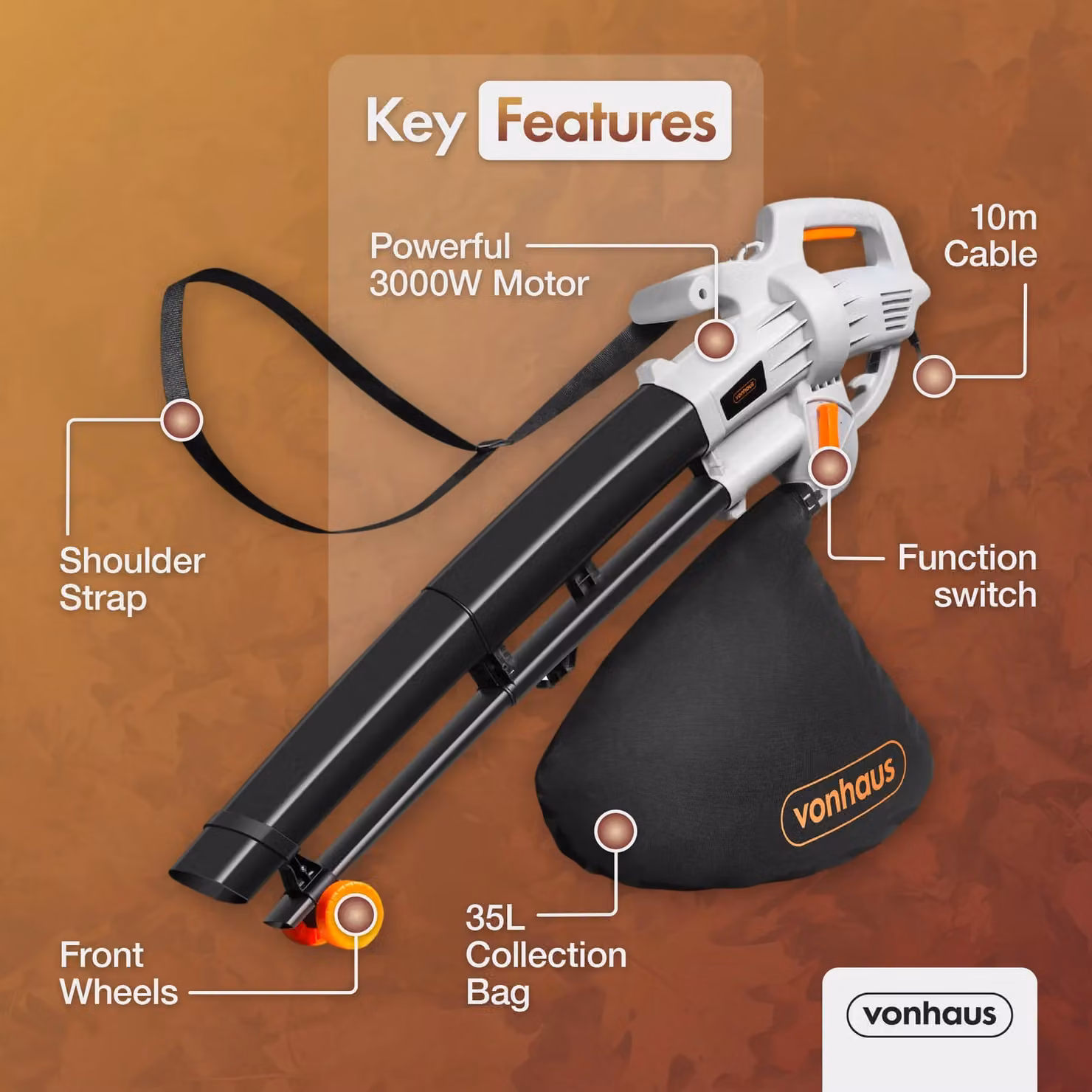 VonHaus 3000W Corded Leaf Blower and Vacuum in Black – 4