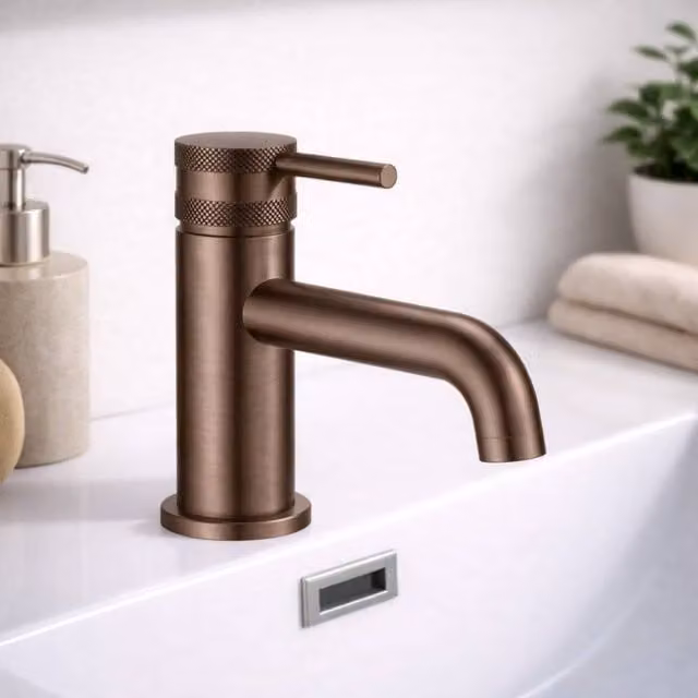 Bathroom Kingdom Venice Brushed Bronze Modern Round Single Lever Basin Mixer Tap in Brown