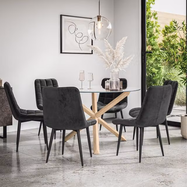 More4Homes Malvern Round Glass Dining Table with Oak Legs and 6 Black Nova Velvet Chairs
