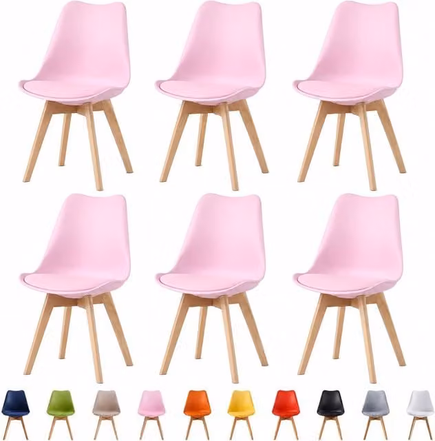 MCC Direct Eva Set of 6 Dining Chairs with Solid Wooden Legs and Pink Fabric Seat Cushions