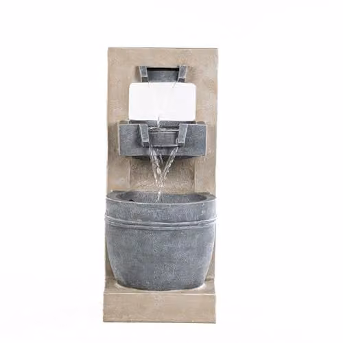 Serenity Cascading Bowl Water Feature in Grey Stone Effect Polyresin with LED Lights, Height: 70 cm – 1