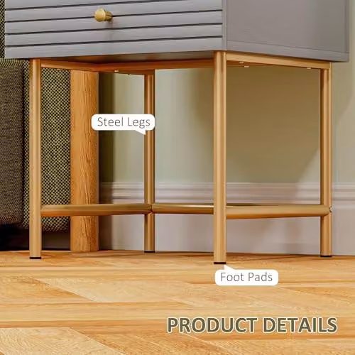 HOMCOM Set of 2 Modern Grey Bedside Tables with 2 Drawers and Gold Steel Legs – 4