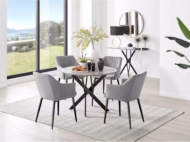 FurnitureboxUK Novara Grey Concrete Round Dining Table with 4 Calla Black Leg Chairs