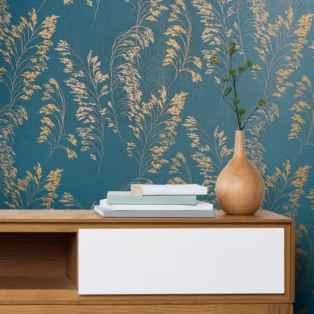 Galerie Olio Elegant Botanical Floral Wallpaper in Blue and Gold