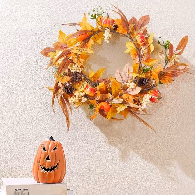 Livingandhome Artificial Autumn Leaves Pumpkin and Berry Hanging Vine in Yellow, Green and Multicolour