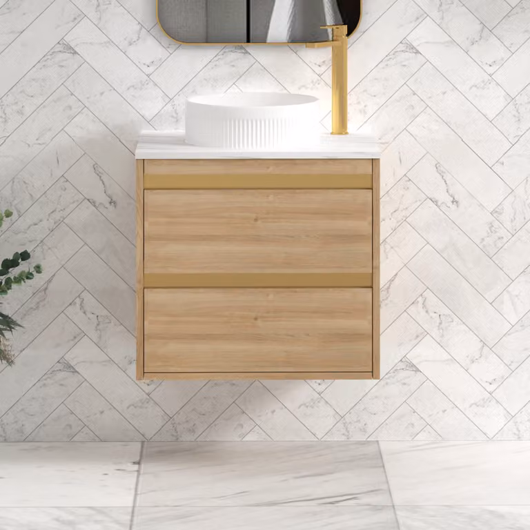 Royal Bathrooms Orion 600mm Natural Oak Wall Hung Countertop Vanity Unit with 2 Drawers, Round Basin and Brushed Brass Accent Trim