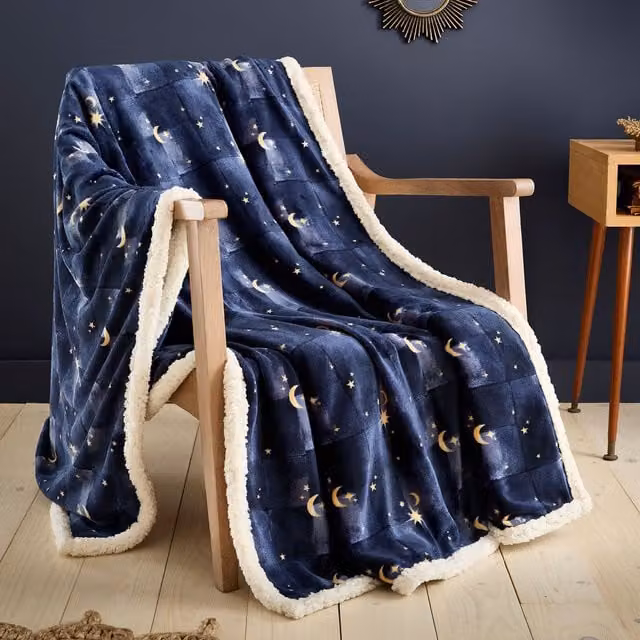 Fusion Cosmic Star Reversible Double Face Fleece Throw in Navy Blue, W: 150 cm, L: 200 cm