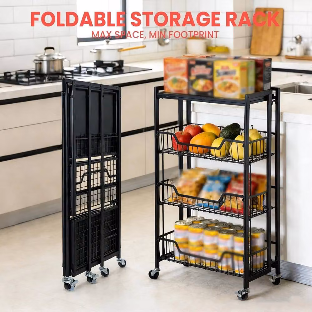 VOGREX 4 Tier Foldable Kitchen Trolley on Wheels in Matt Black – 3