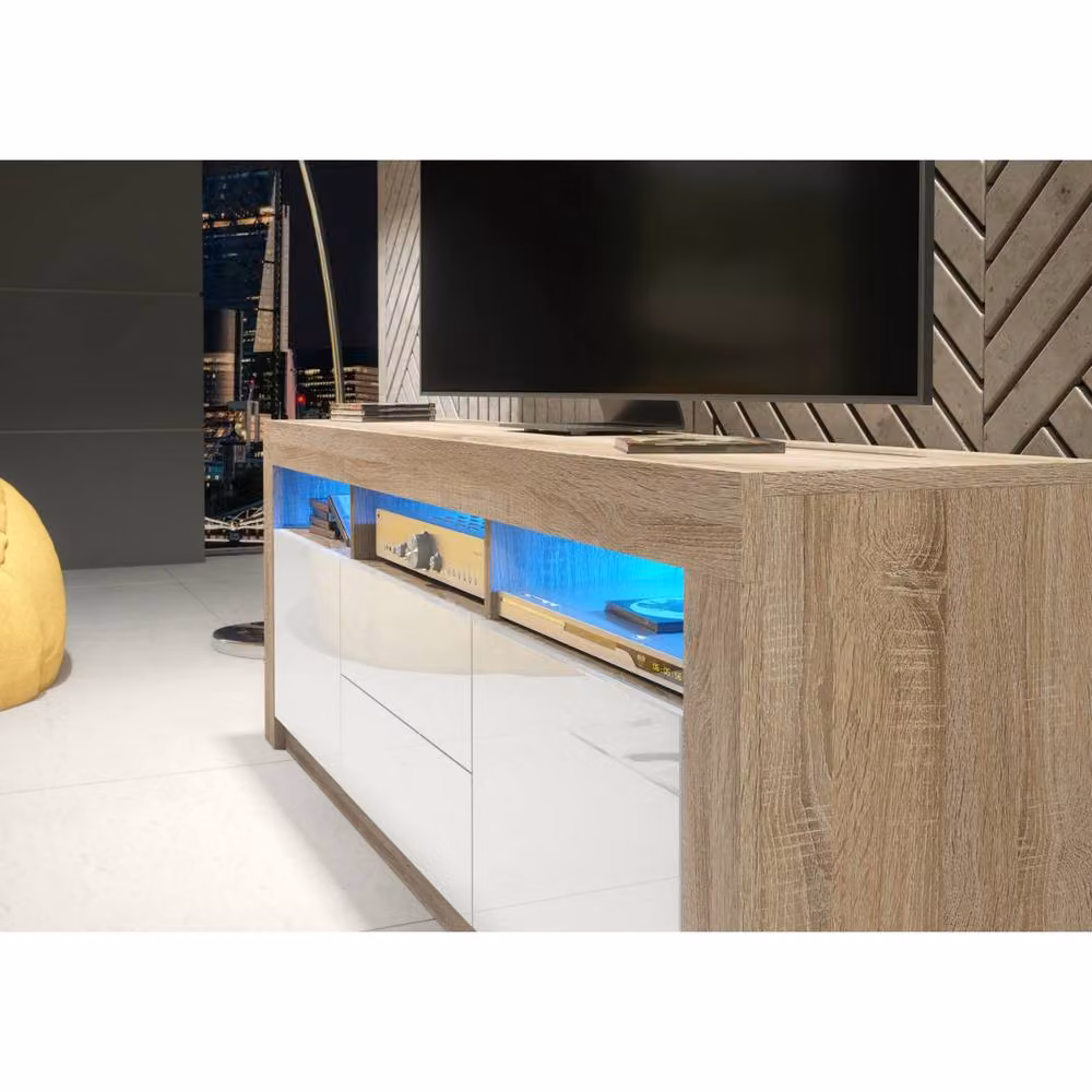 Mex Furniture LTD Shine TV Unit in Oak and White Gloss with LED Lights, W: 160 cm, H: 60 cm, D: 35 cm – 3