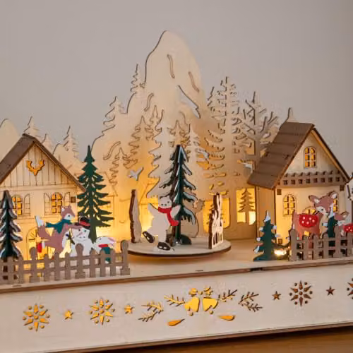 Samuel Alexander Rustic Wooden Christmas Village Tabletop Decoration with LEDs, White and Brown