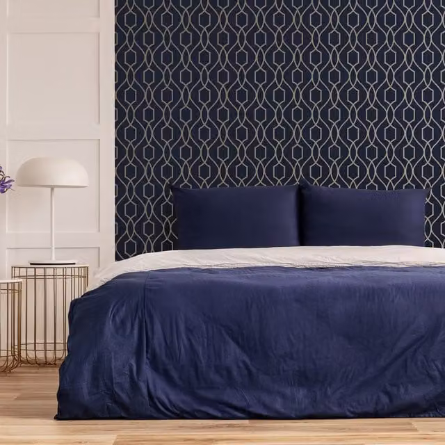 Fresco Apex Trellis Geometric Abstract Wallpaper in Navy, Blue and Gold
