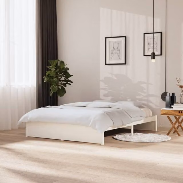 Berkfield Home White Solid Pine Wood Bed Frame W/D/H: 150 x 200 cm