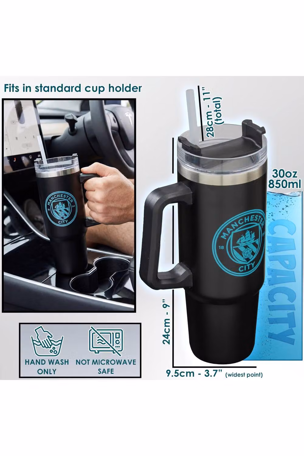 Get Trend Manchester City Insulated Stainless Steel Tumbler with Straw and Handle, 850ml, Black – 8
