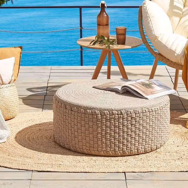 Wyld and Coco Handwoven Beige Round Outdoor Pouffe, Diameter: 70 cm